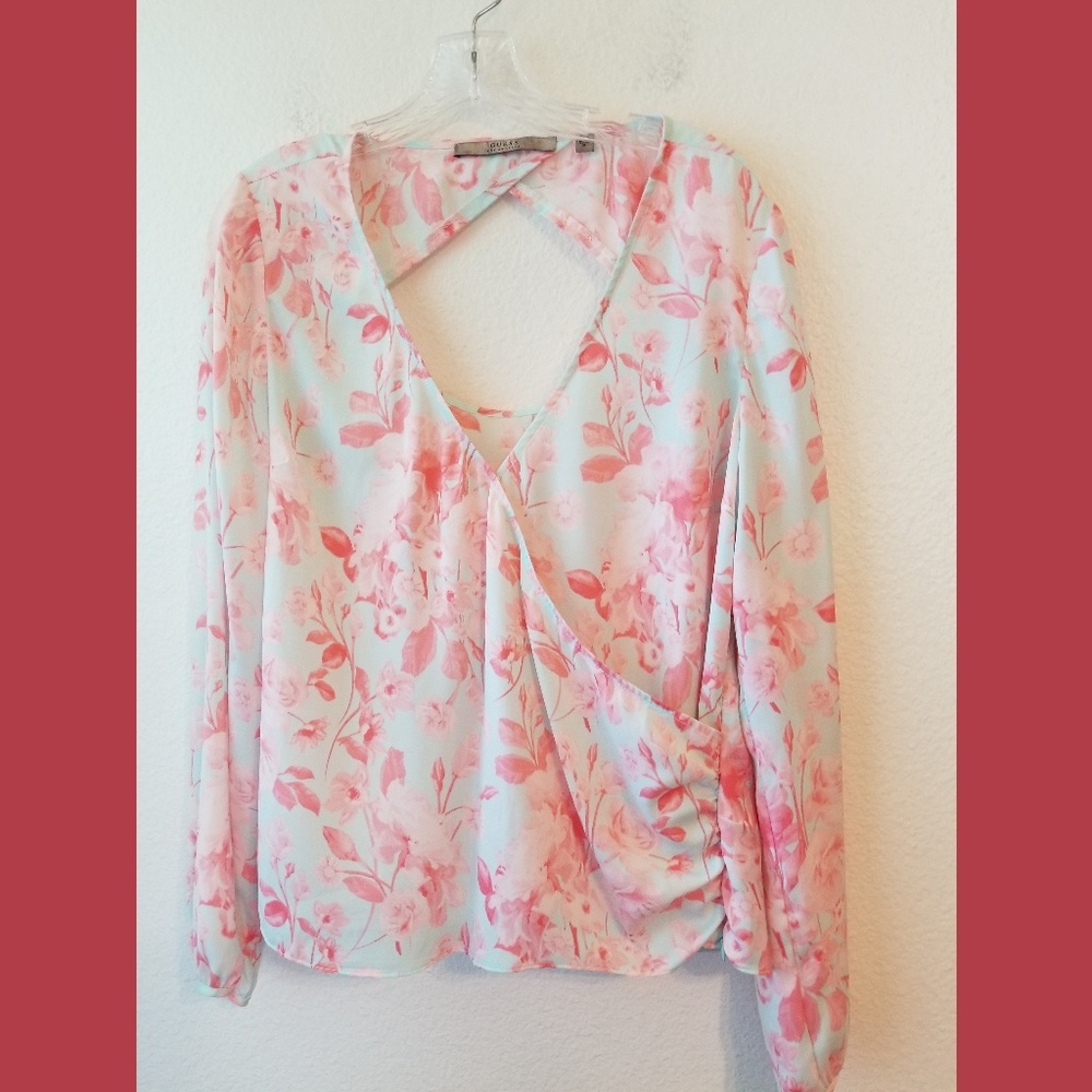 Guess Floral LS Open Back Wrap Blouse Sz XL